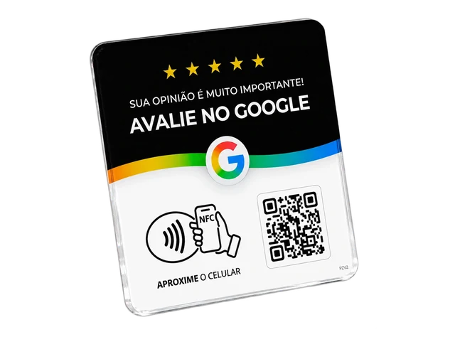 Plaquinha NFC Google Preta Wistag com QR Code e indicação para aproximar o celular